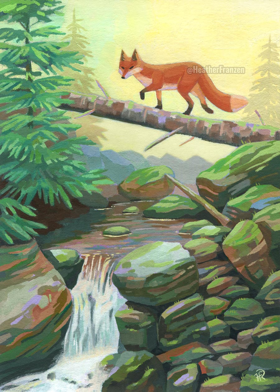A fox crossing a rocky creek by walking across a fallen tree bridge.