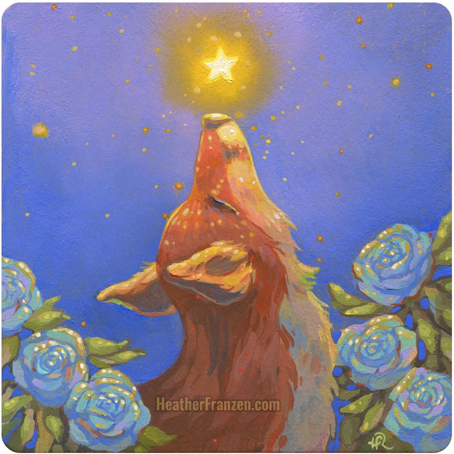 A fox pointing its nose directly upward towards a glowing star. The fox is surrounded by blue roses.