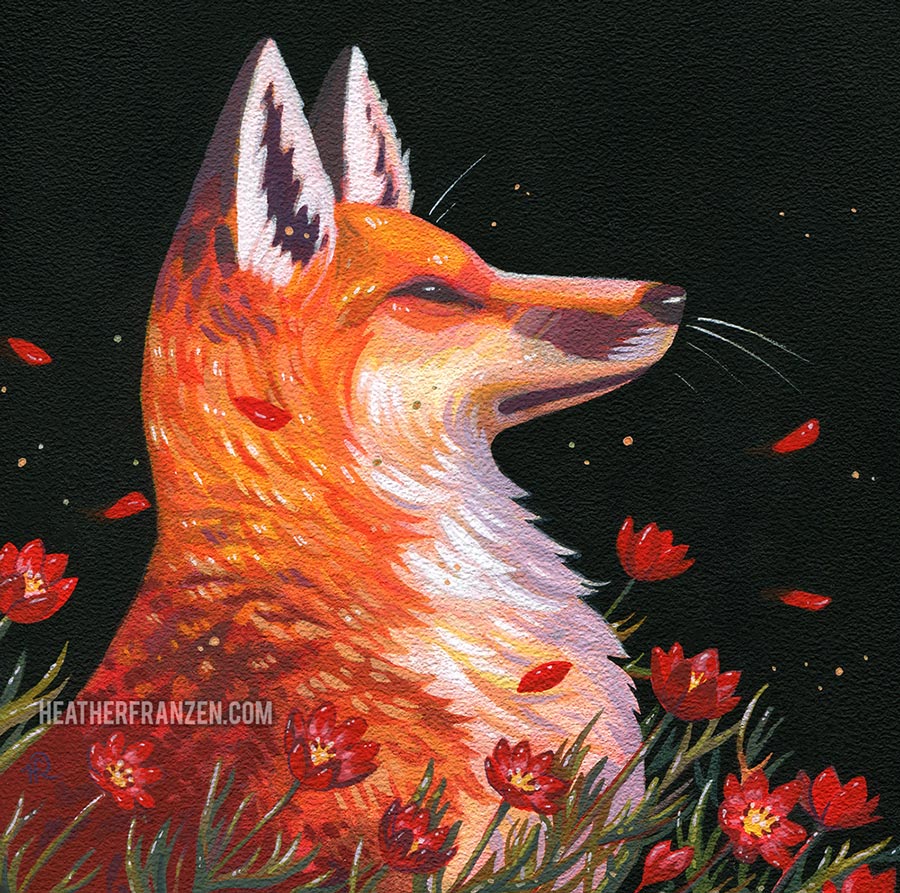 A profile of a fox, posed facing directly right, against the wind which blows around anemone flowers.