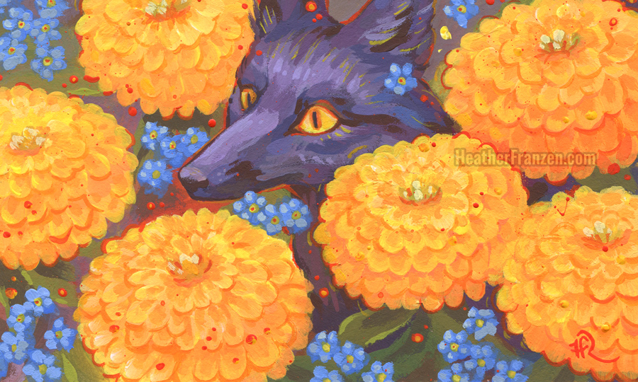 A painting of a fox surrounded by marigolds and forget-me-nots.