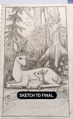 Sketch of a doe laying in a forest with her fawn.