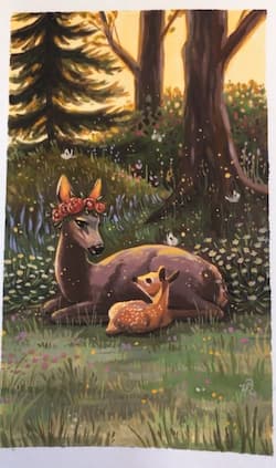 Finished painting of the doe and her fawn.