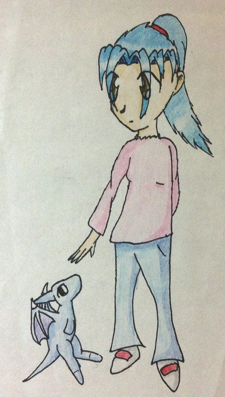 a very bad child's drawing of a blue-haired girl reaching out to a shoyru, a dragon neopet.