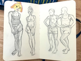 sketchbook spread of figure drawings, one of the figues has Isabelle's face covering her head.