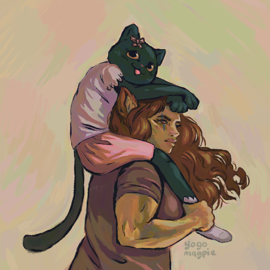 A very muscular werewolf woman carries a small black cat in a skirt on her shoulders.