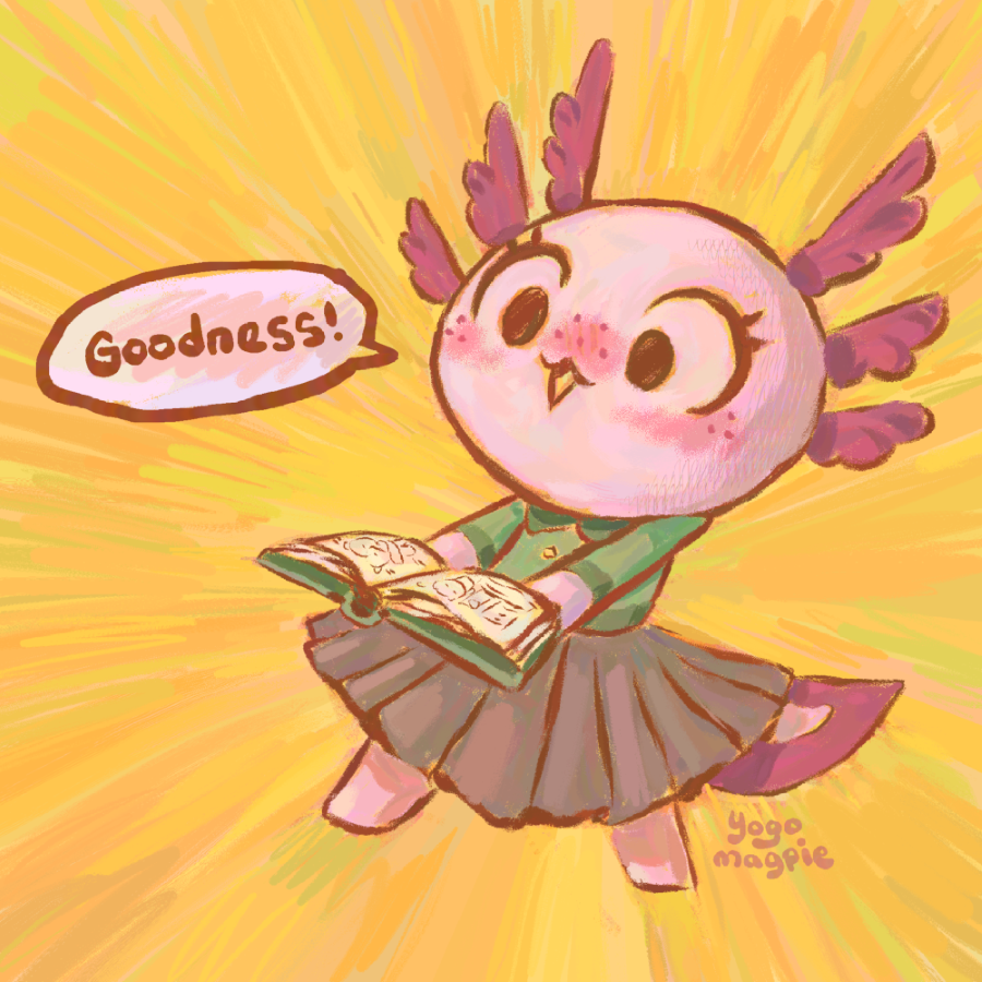 An axolotl character in a blouse and skirt, holding a book. She looks very surprised. A speech bubble reads, 'Goodness!'