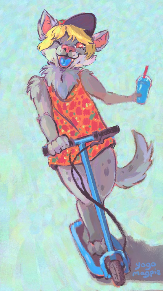 A canine furry riding a motorized scooter, holding a blue raspberry slushee in hand. He is sticking his blue-dyed tongue out.