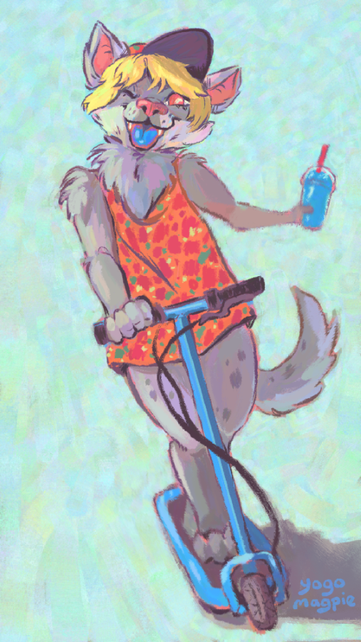 A canine furry riding a motorized scooter, holding a blue raspberry slushee in hand. He is sticking his blue-dyed tongue out.