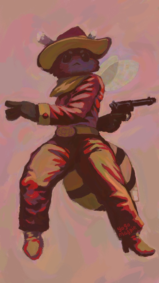 A cowboy bee shooting a gun behind her back.