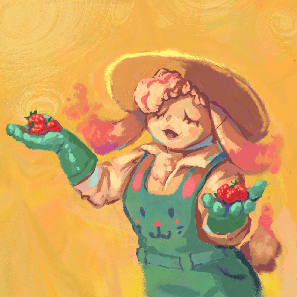 A rabbit wearing a large straw hat, overalls with a rabbit's face printed on the front, and matching gardening gloves. She holds handfuls of strawberries.