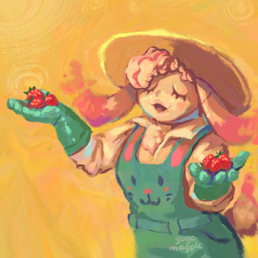 A rabbit wearing a large straw hat, overalls with a rabbit's face printed on the front, and matching gardening gloves. She holds handfuls of strawberries.