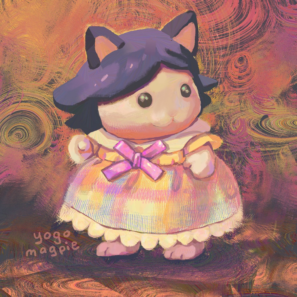 A painting of a cat stylized to look like a Calico Critter toy.
