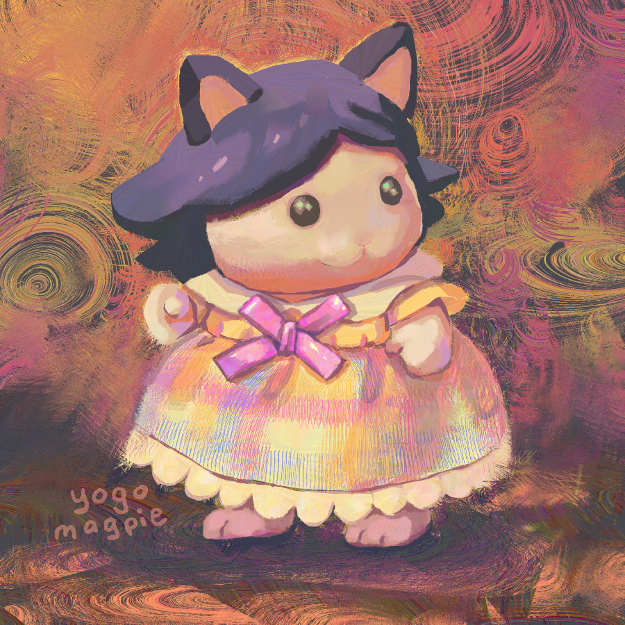A painting of a cat stylized to look like a Calico Critter toy.