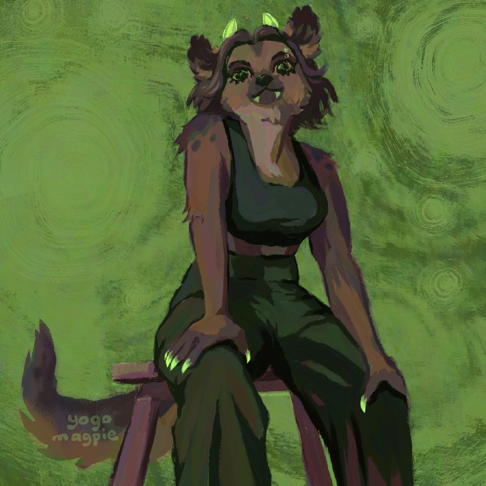 A hyena furry in cargo pants and a sleeveless crop top. She wears horns on her head and has matching neon nails.