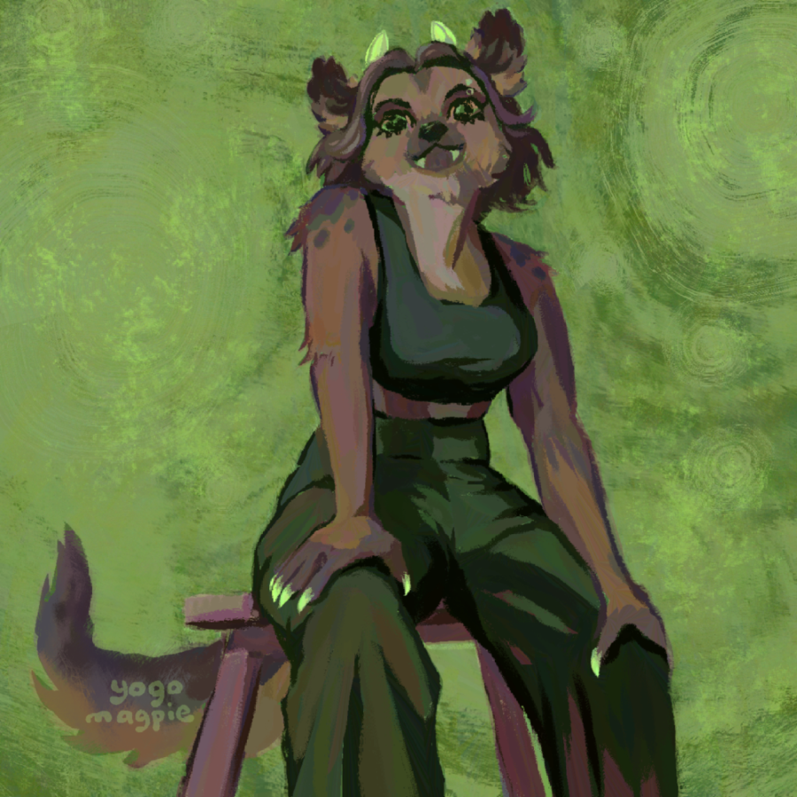A hyena furry in cargo pants and a sleeveless crop top. She wears horns on her head and has matching neon nails.