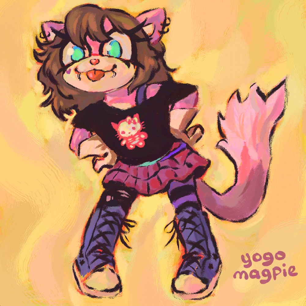 A scene/emo cat leaning over with her hands on her hips and sticking her tongue out.