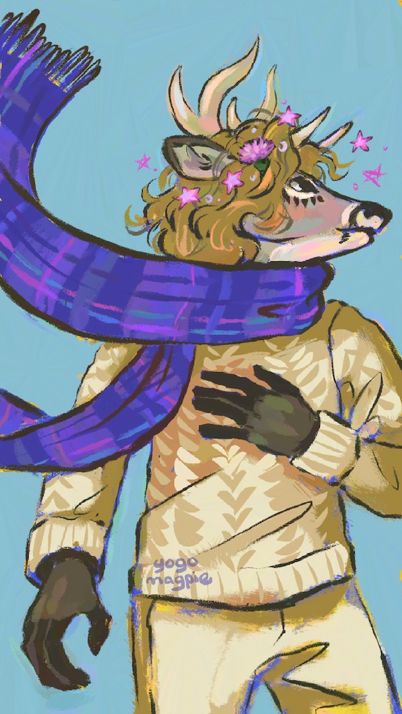 A deer wearing a sweater, flipping a scarf around his neck.
