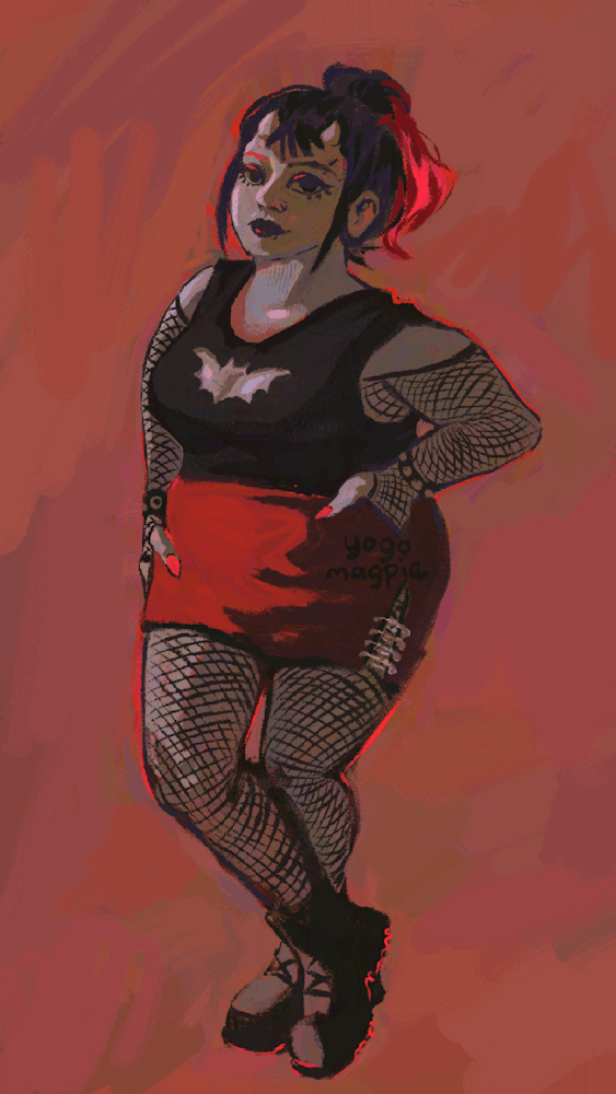 A punk girl with tiny gargoyle horns.