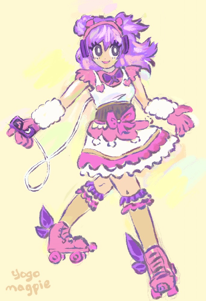 A girl in magical girl clothing rollerskating while listening to her ipod nano.