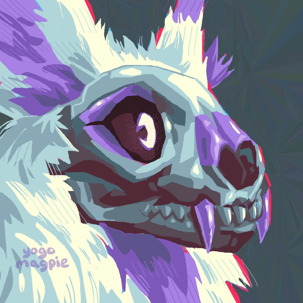 A creature with a cat skull for a face and furry body.