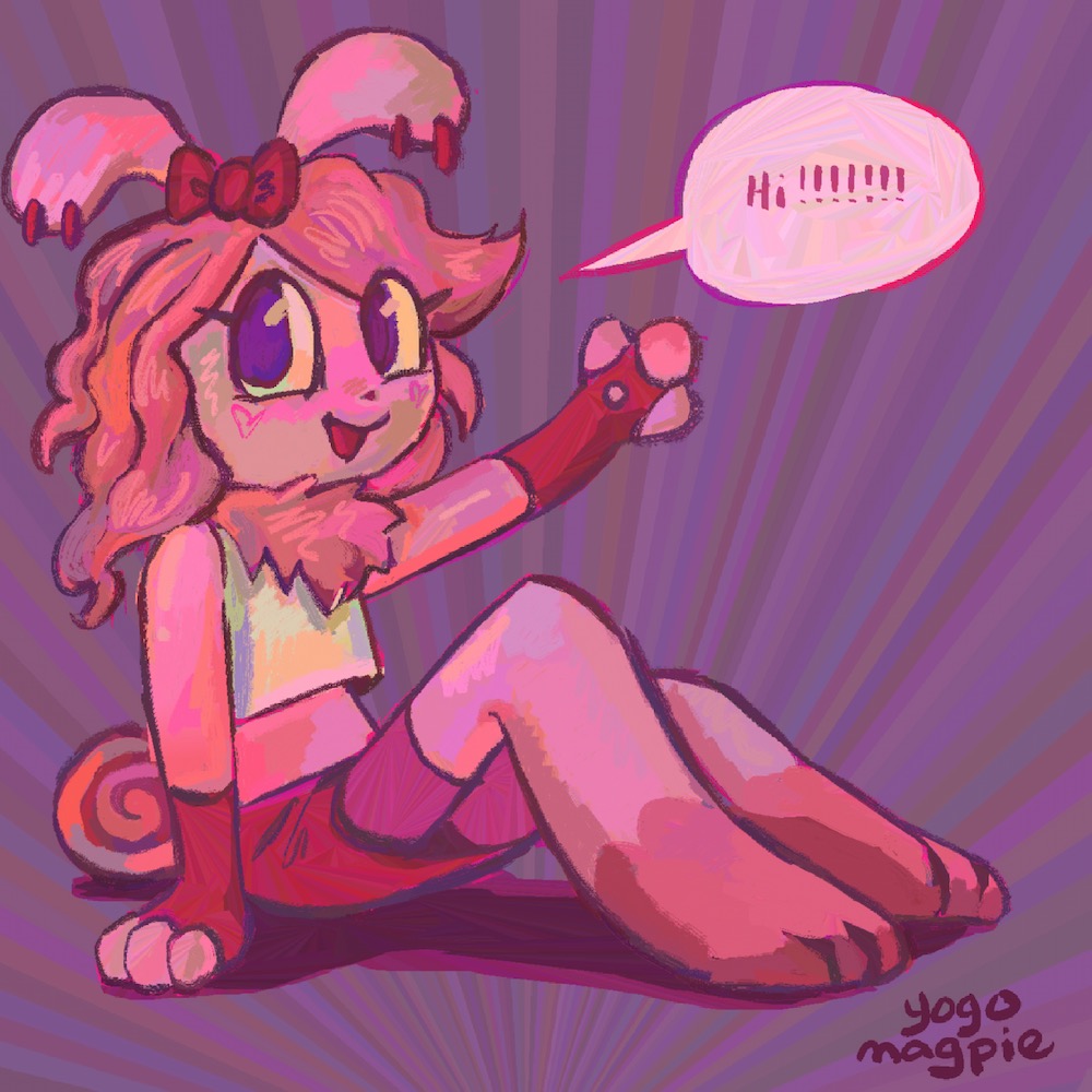 A cute bunny wearing a skort and white top sitting on the ground and waving. A talk bubble says Hi!