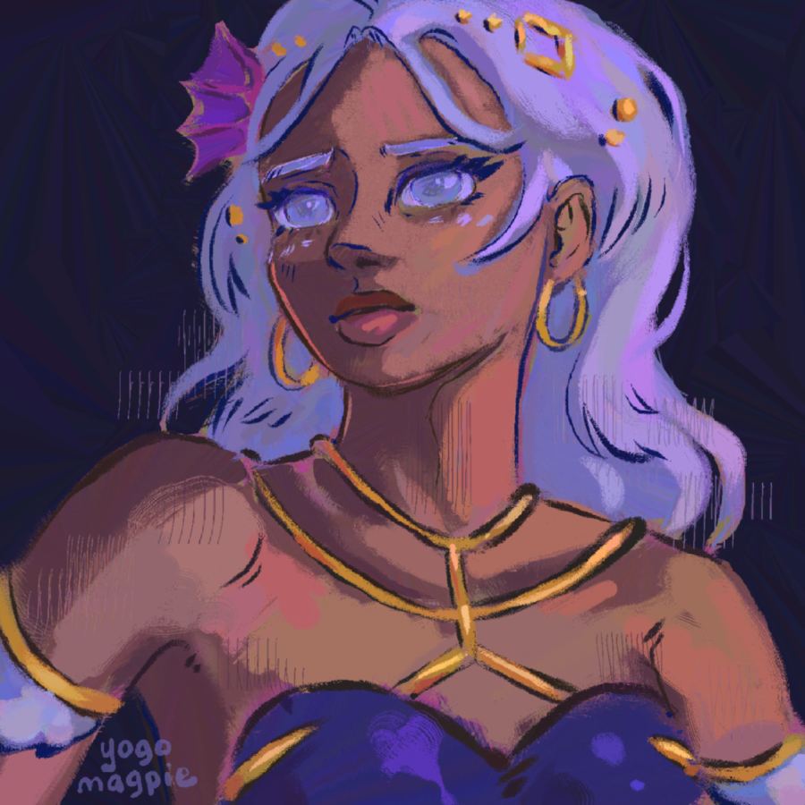 A sketch of a medium-toned girl with pale hair and eyes, wearing gold accessories and jewelery.