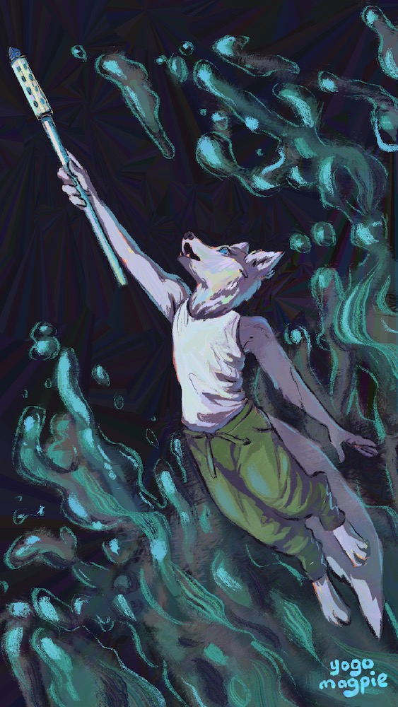 A wolf character holding a staff and leaping upward, water gurgling around him.