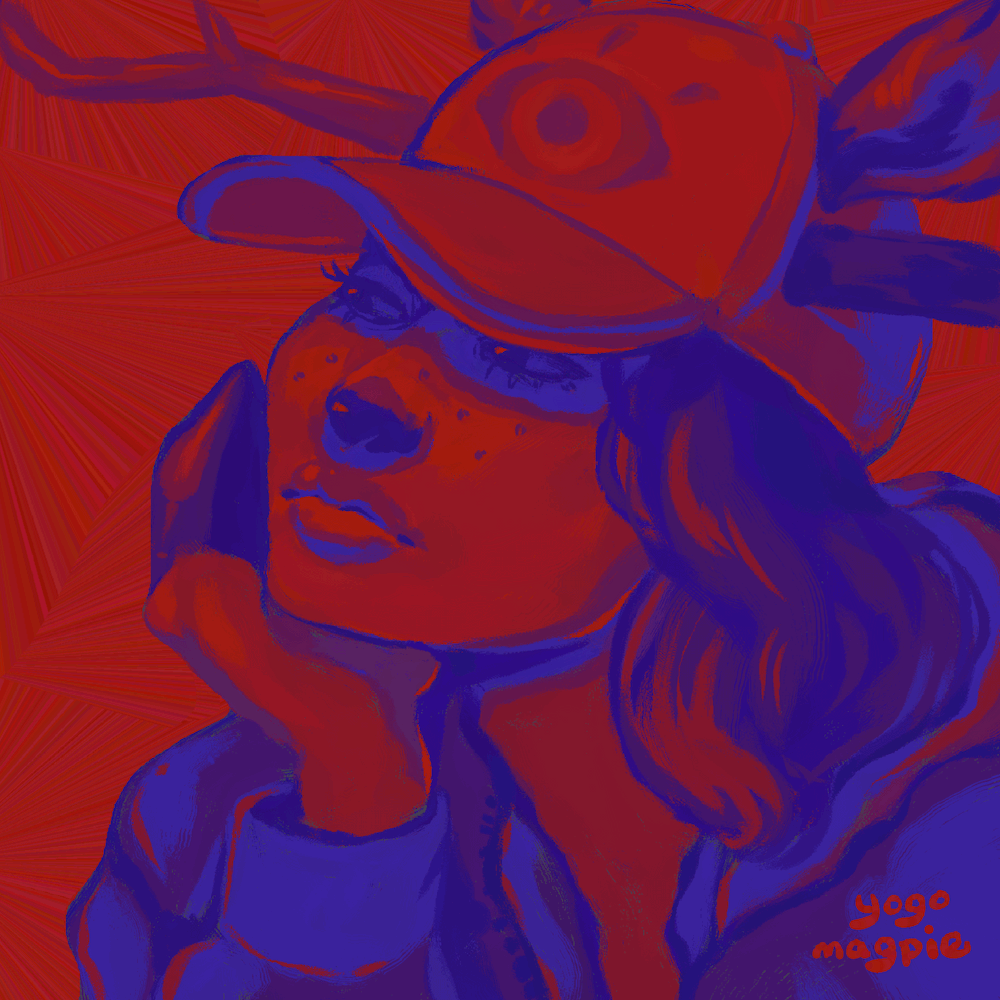 A girl with antlers, deer ears, and hooves, looking bored with her chin in her hand. She wears a trucker hat.