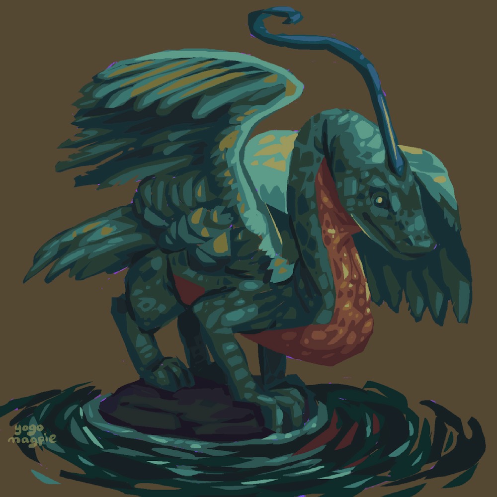 A heron dragon perched on a rock, ready to strike a fish in the water.