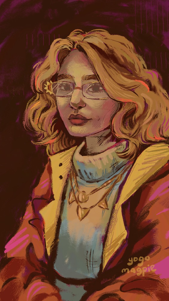 A middle-aged blonde woman wearing glasses, a turtleneck, and jacket. They all have a sun motif.