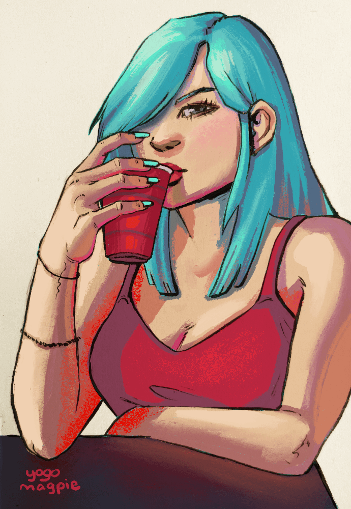 A teal-haired girl in a red tank top drinks from a red solo cup.