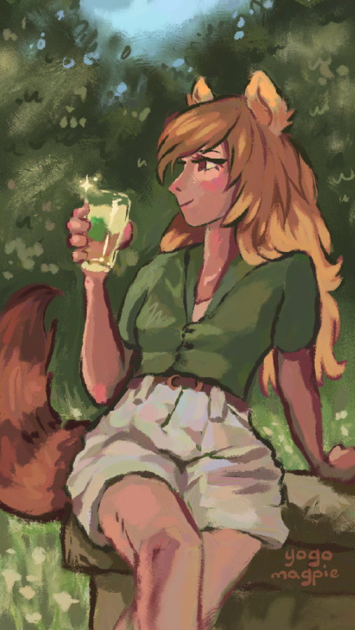 A raccoon girl holding a glass of sparkling limeade.