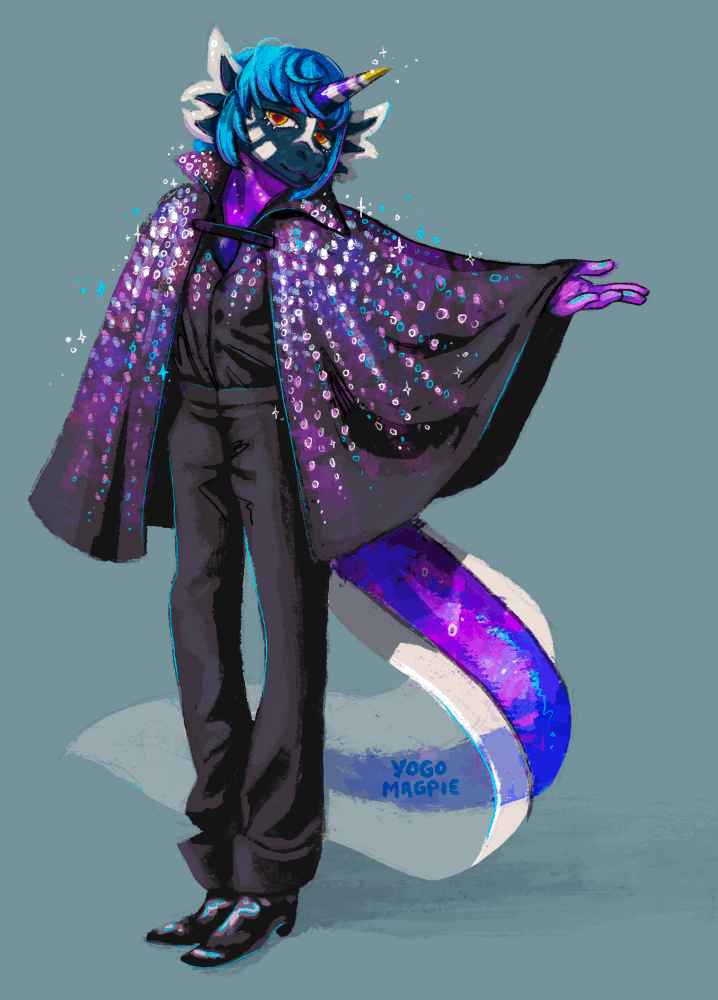 An axolotl dragon furry wearing a sequined Prada suit and cape. He stands with one arm extended to show off the cape.