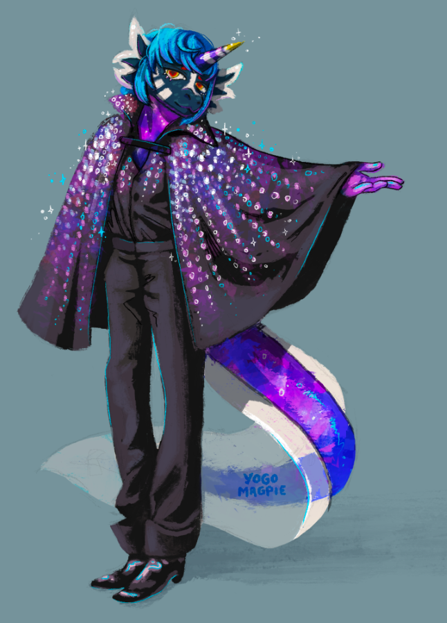 An axolotl dragon furry wearing a sequined Prada suit and cape. He stands with one arm extended to show off the cape.