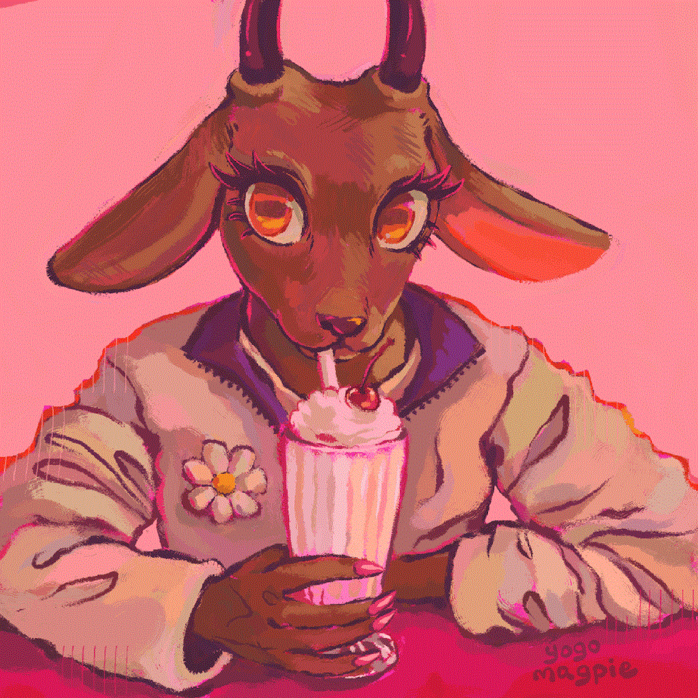 A goat girl with big eyelashes drinking a strawberry malt.