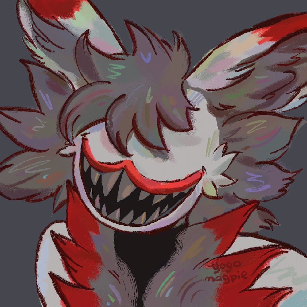 A monster with red lips and big teeth. It's overall very fluffy.