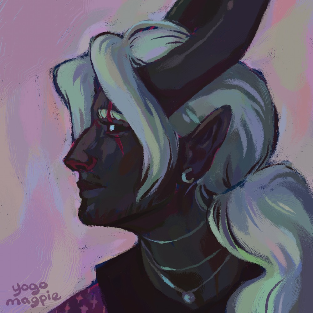 Black-skinned, white-haired man with elf ears and large horns on his head.
