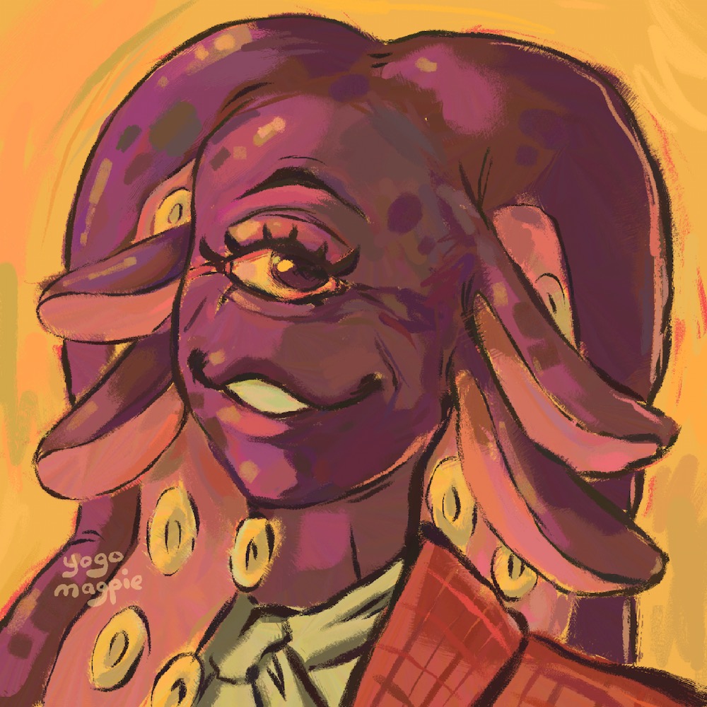 A cyclops with four ears and two large tentacles for hair.