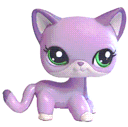 A plastic, lavendar kitten toy with big green eyes