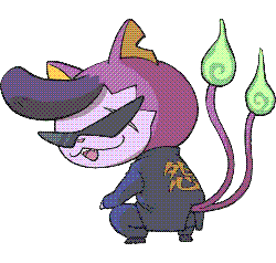 A two-tailed cat with triangle sunglasses, a pompadour, and a school uniform.