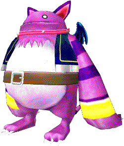 A fat cat with tiny bat wings, a demon tail, and large arms ending in clawed paws. It wears a vest, a belt, and a spiked collar.