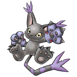 A black cat with purple ear tufts, purple clawed gloves, and a striped tail.