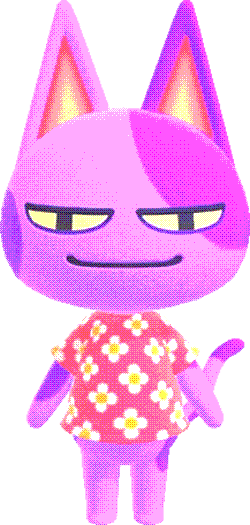 A purple cat wearing a dress with a flower pattern.