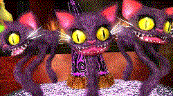 Three evil-looking cats with sharp teeth