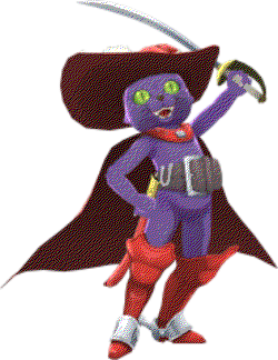 A Puss in Boots-type character weilding a sword and wearing a cape.