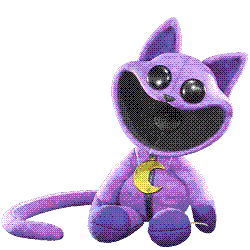 A cat plushie with a mouth open wide. It wears a crescent moon around its neck.
