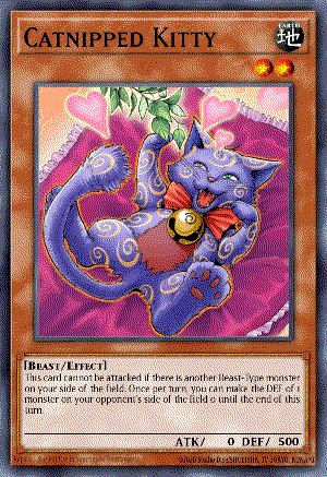 A yu-gi-oh card with a cat on its back batting some catnip. It has a bow and bell around its neck and a swirly fur pattern.