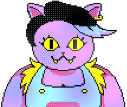 Pixel art of a cat with long side swept bangs, an earring, wearing overalls.