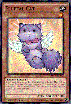 A yu-gi-oh card of a purple cat with a bow around its neck and angel wings.