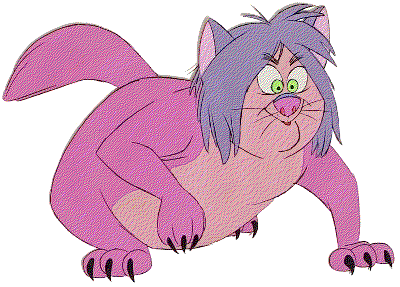 A cel of Madam Mim, who has transformed as a pink-purple cat with manic eyes and messy witch hair.